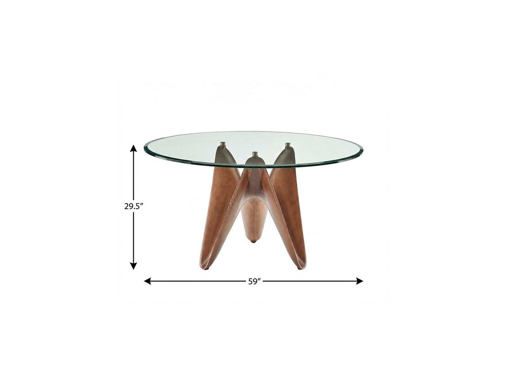 59" Clear And Brown Rounded Glass And Solid Manufactured Wood Pedestal Base Dining Table HomeRoots