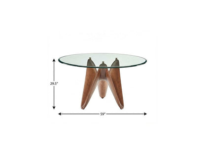 59" Clear And Brown Rounded Glass And Solid Manufactured Wood Pedestal Base Dining Table HomeRoots