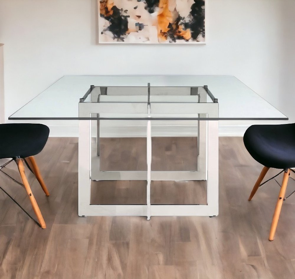 59" Clear And Gunmetal Square Glass And Stainless Steel Pedestal Base Dining Table HomeRoots