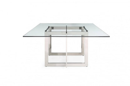 59" Clear And Gunmetal Square Glass And Stainless Steel Pedestal Base Dining Table HomeRoots