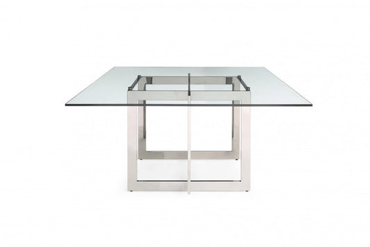 59" Clear And Gunmetal Square Glass And Stainless Steel Pedestal Base Dining Table HomeRoots