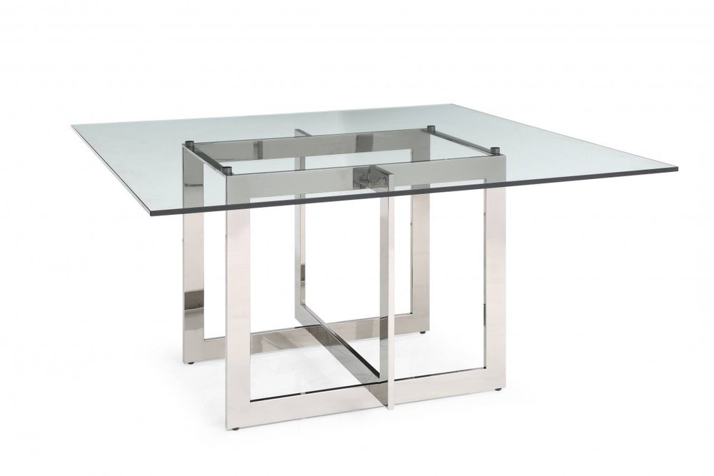 59" Clear And Gunmetal Square Glass And Stainless Steel Pedestal Base Dining Table HomeRoots