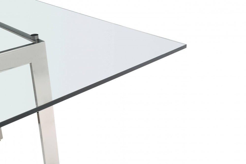 59" Clear And Gunmetal Square Glass And Stainless Steel Pedestal Base Dining Table HomeRoots