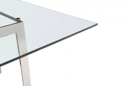 59" Clear And Gunmetal Square Glass And Stainless Steel Pedestal Base Dining Table HomeRoots