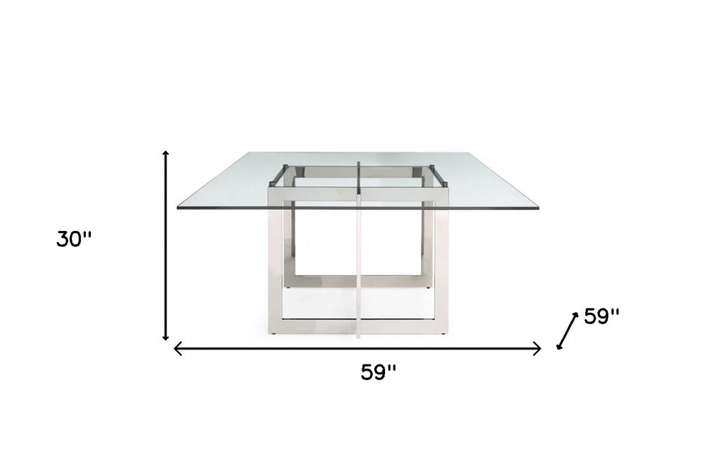 59" Clear And Gunmetal Square Glass And Stainless Steel Pedestal Base Dining Table HomeRoots