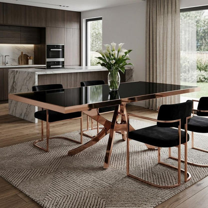 87" Black And Gold Glass And Stainless Steel Pedestal Base Dining Table HomeRoots