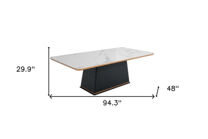 94" White Ceramic Faux Marble And Black Rectangular Dining Table