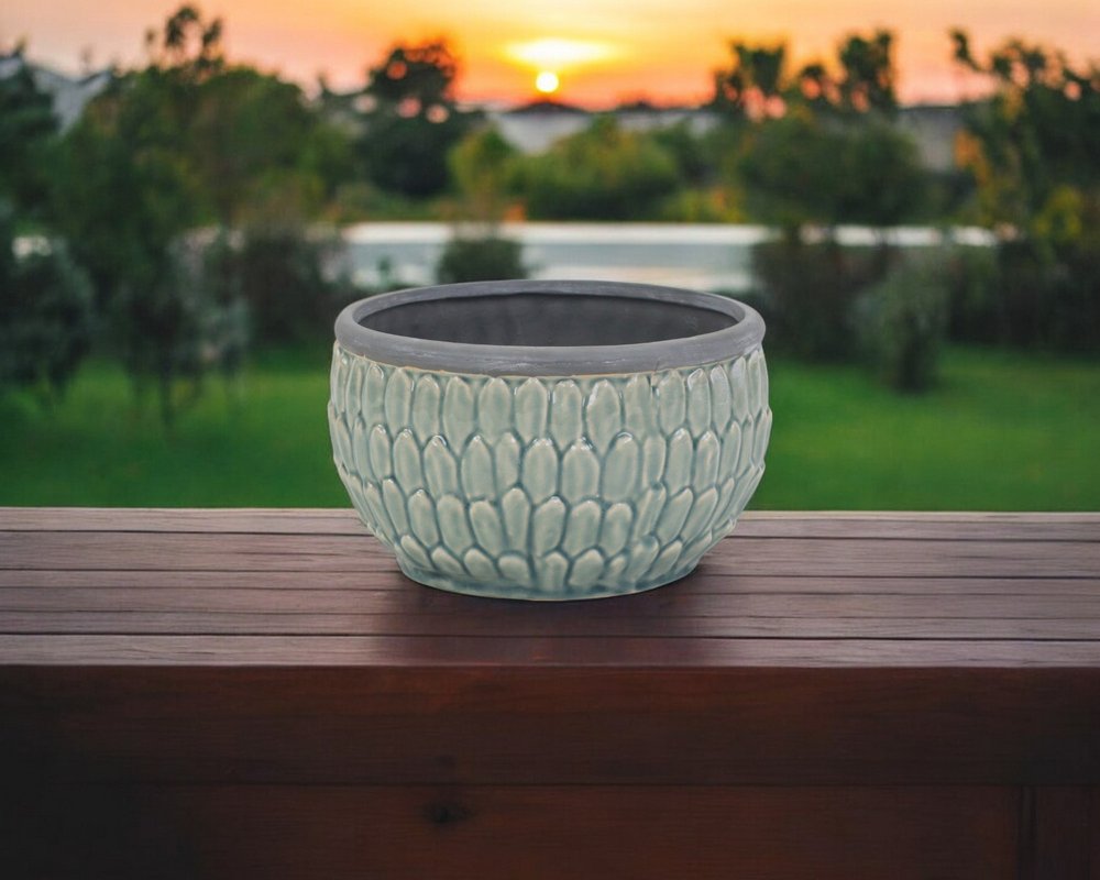 8" Aqua Textural Tone On Tone Ceramic Indoor Outdoor Round Pot Planter HomeRoots
