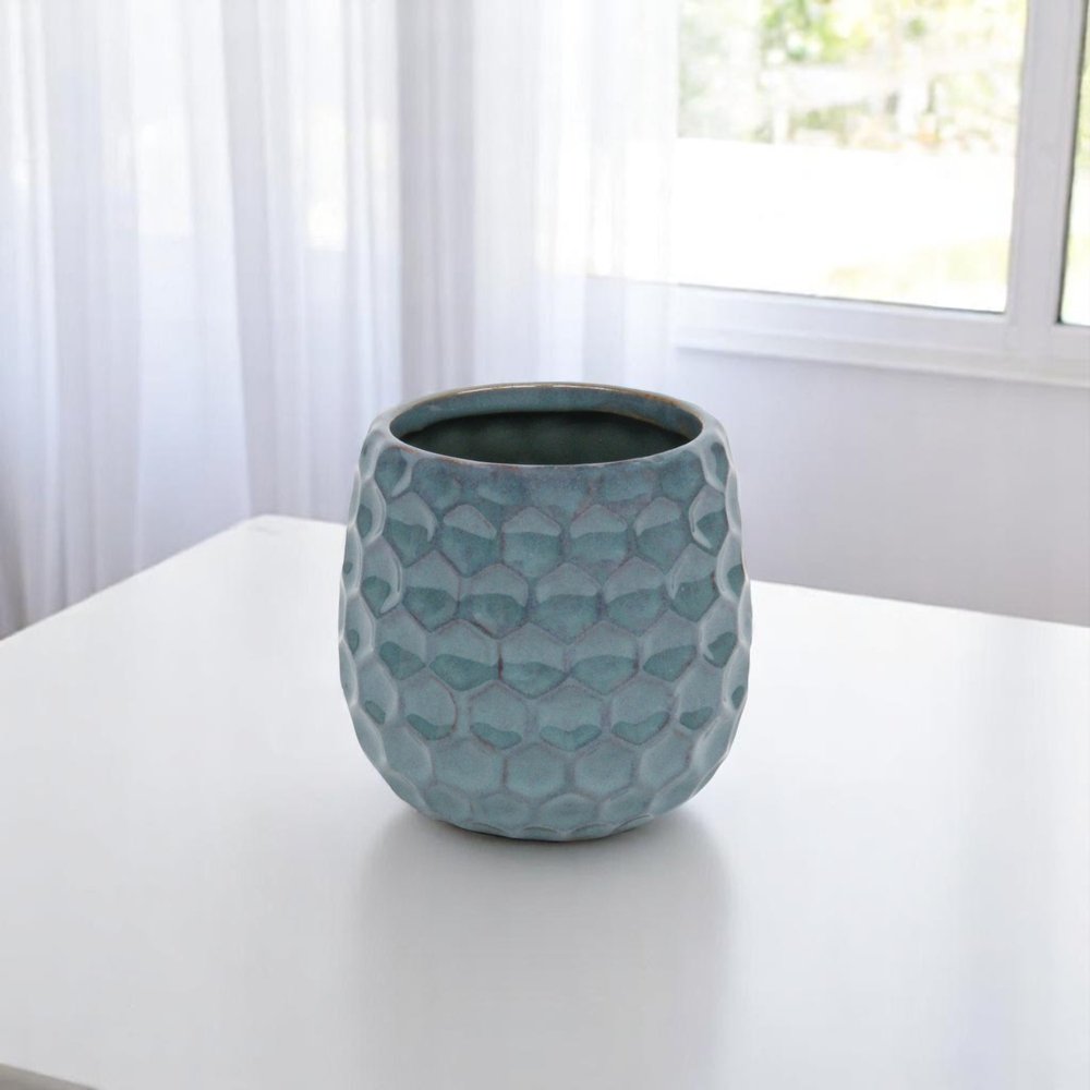 Blue Ceramic 15 Ounce Round Distressed Pot Planter HomeRoots