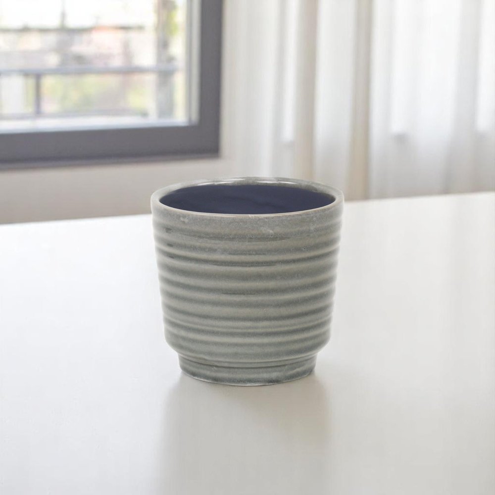 Gray Ceramic 23 Ounce Striped Round Distressed Pot Planter HomeRoots
