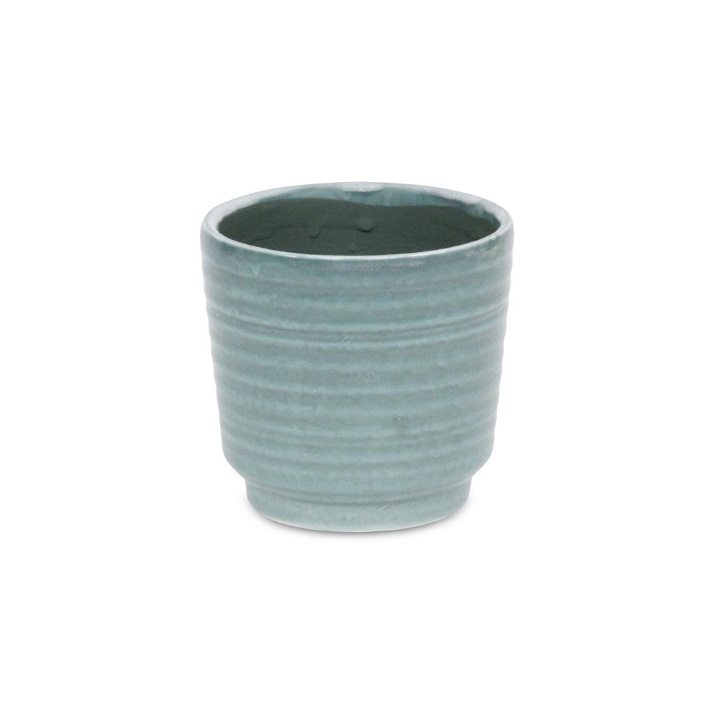 Green Ceramic 23 Ounce Striped Round Distressed Pot Planter HomeRoots