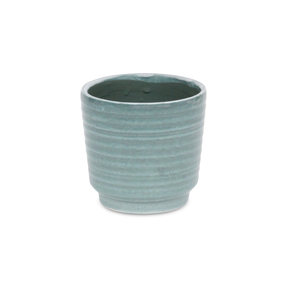 Green Ceramic 23 Ounce Striped Round Distressed Pot Planter HomeRoots