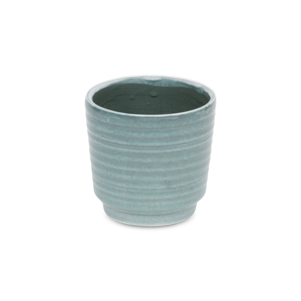 Green Ceramic 23 Ounce Striped Round Distressed Pot Planter HomeRoots