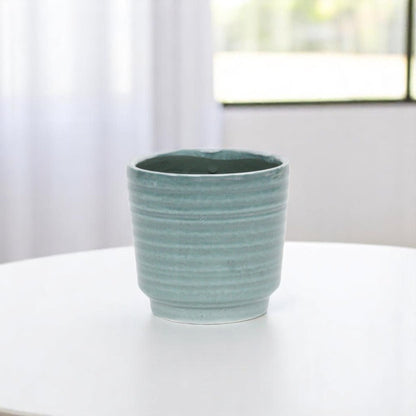 Green Ceramic 23 Ounce Striped Round Distressed Pot Planter HomeRoots