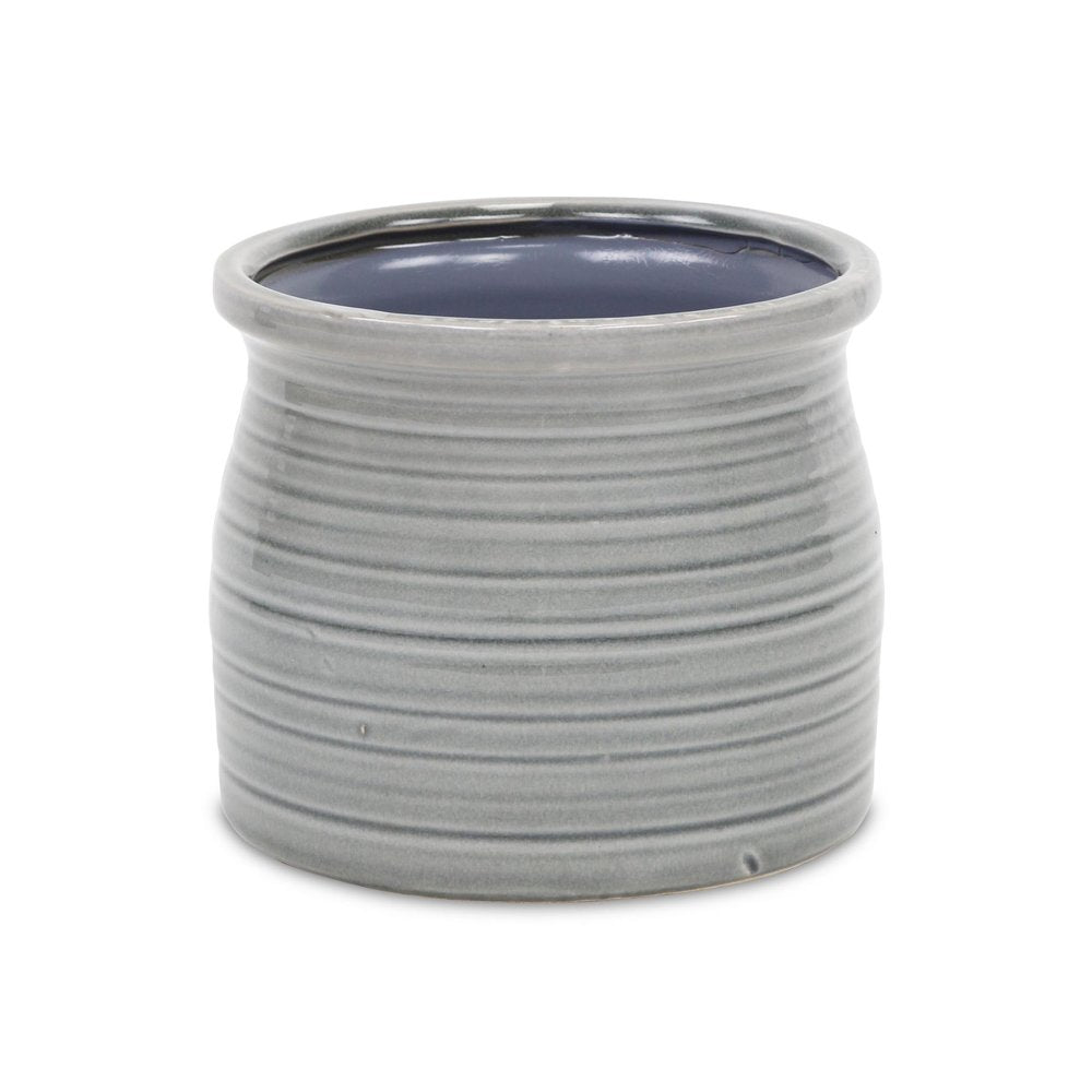 Gray Ceramic 51 Ounce Striped Round Distressed Pot Planter HomeRoots