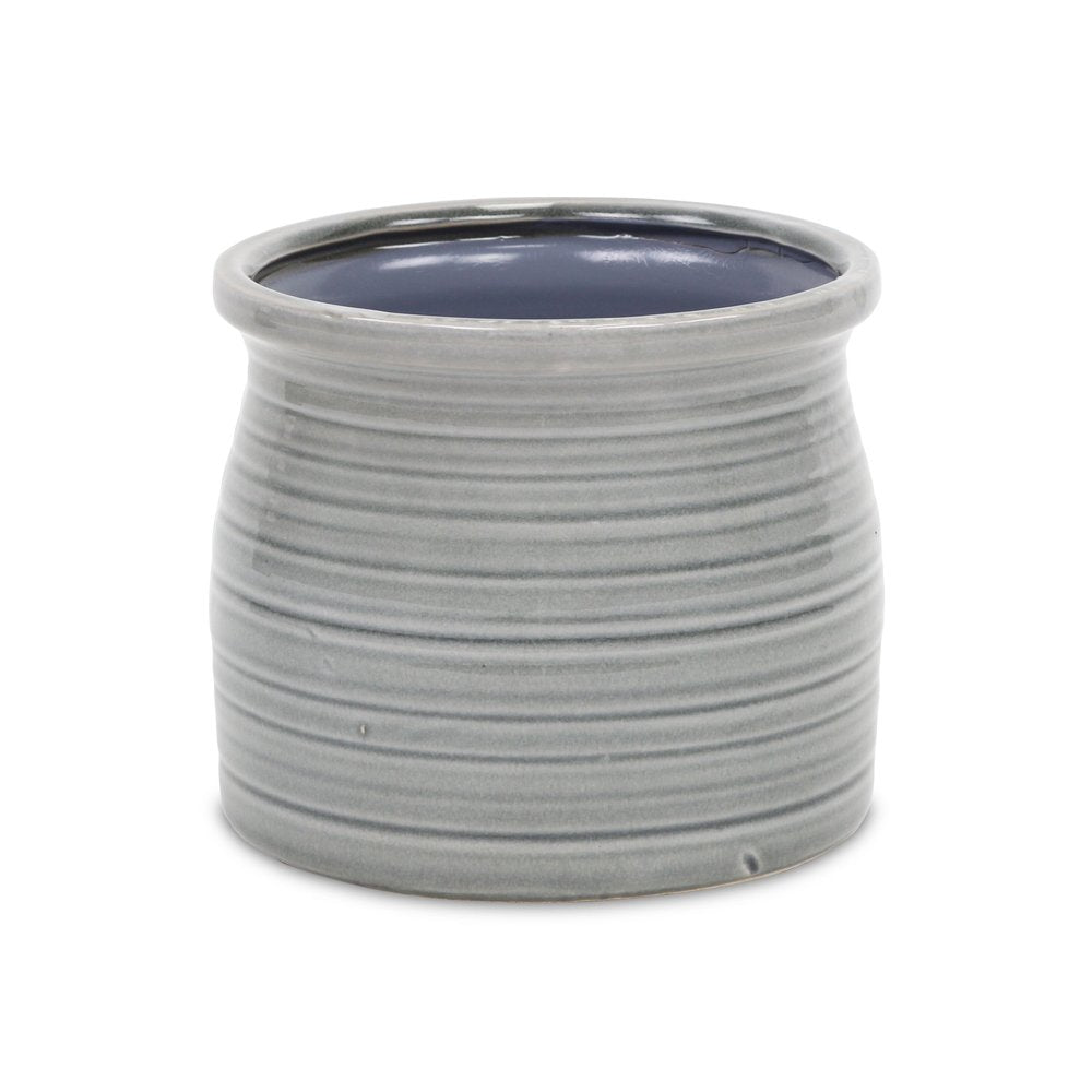 Gray Ceramic 51 Ounce Striped Round Distressed Pot Planter HomeRoots