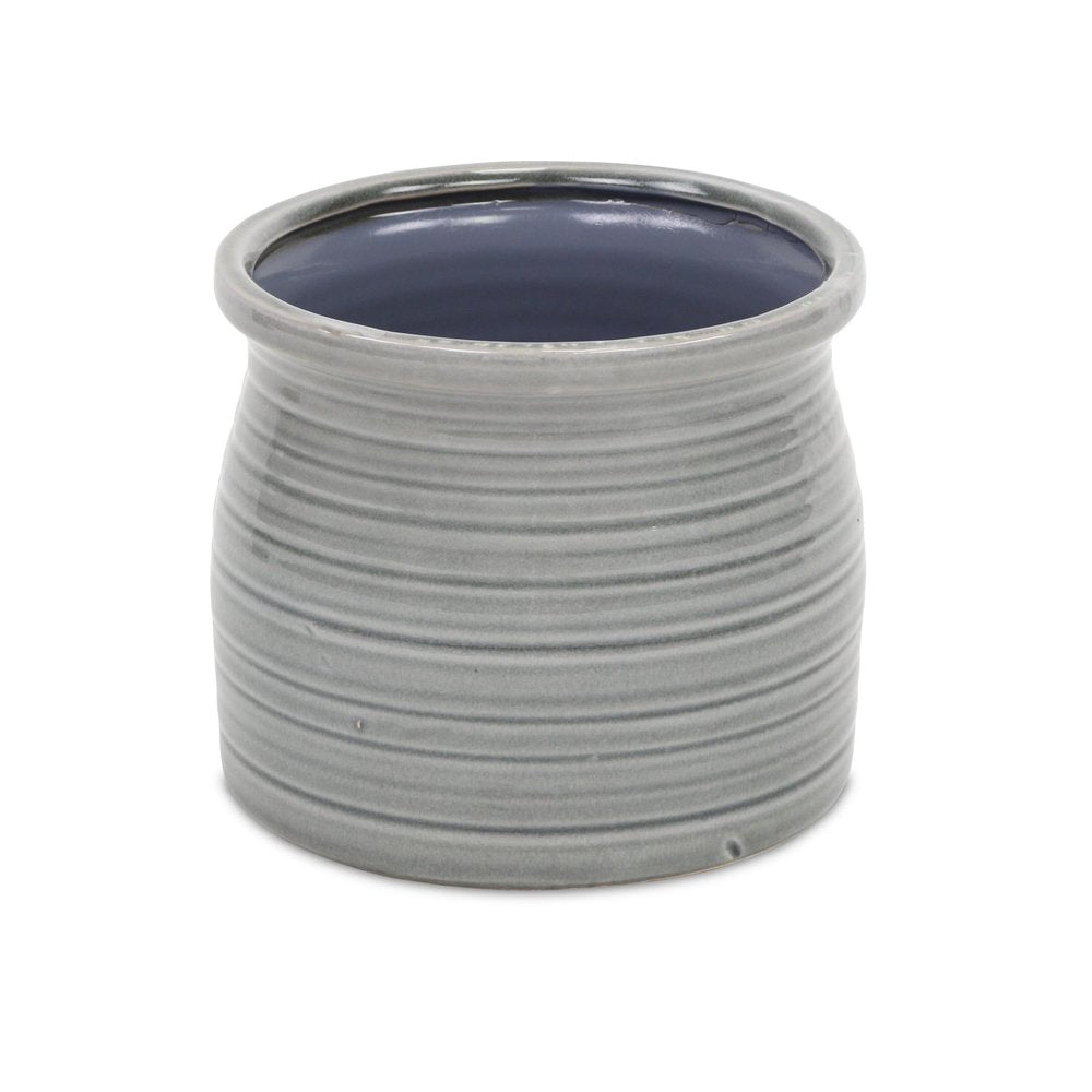 Gray Ceramic 51 Ounce Striped Round Distressed Pot Planter HomeRoots