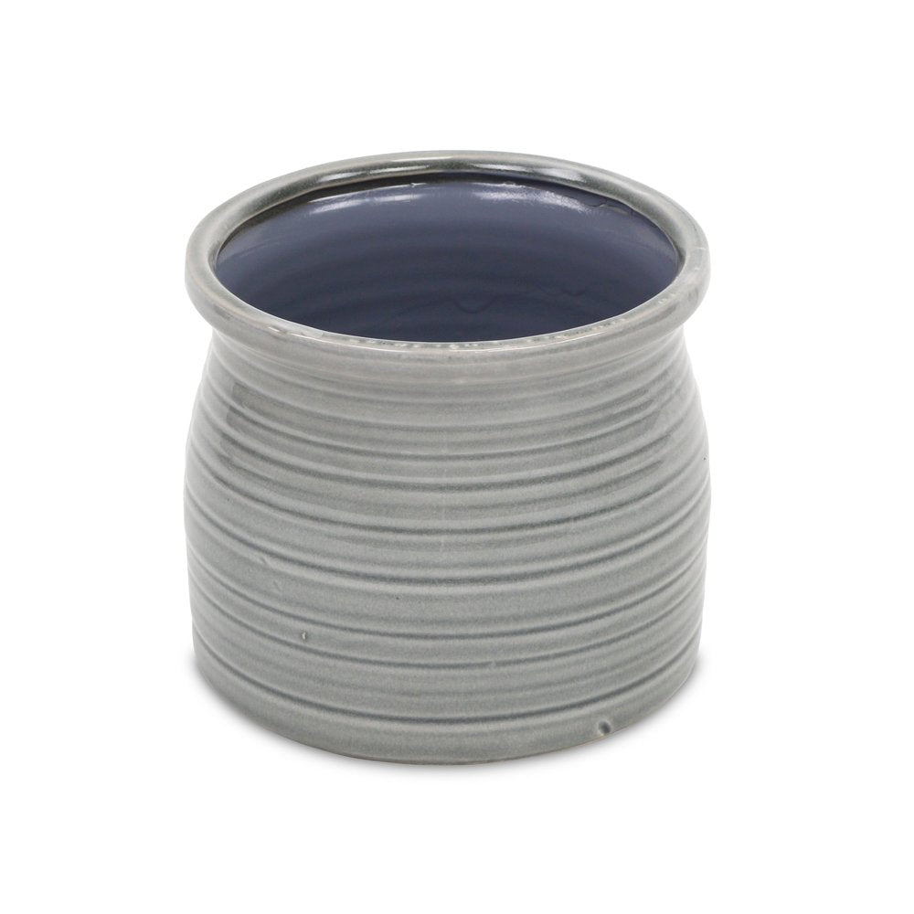 Gray Ceramic 51 Ounce Striped Round Distressed Pot Planter HomeRoots