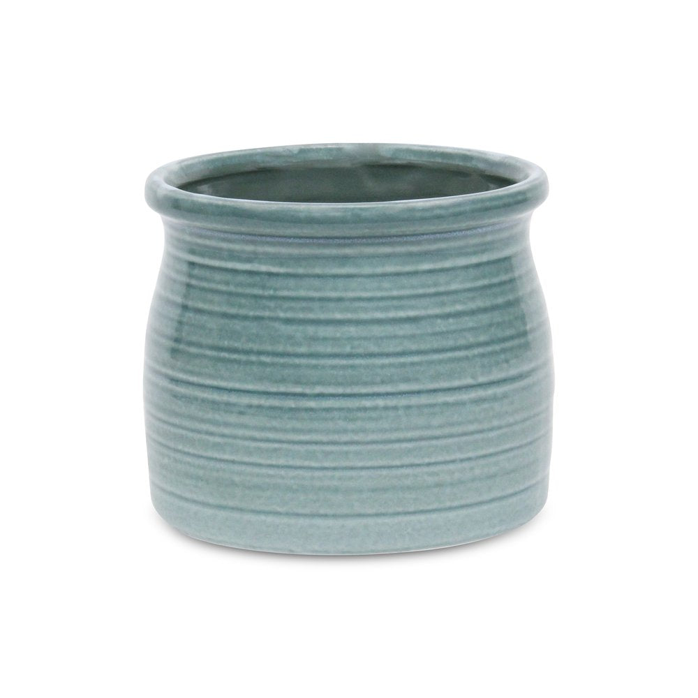 Celadon Ceramic 51 Ounce Striped Round Distressed Pot Planter HomeRoots