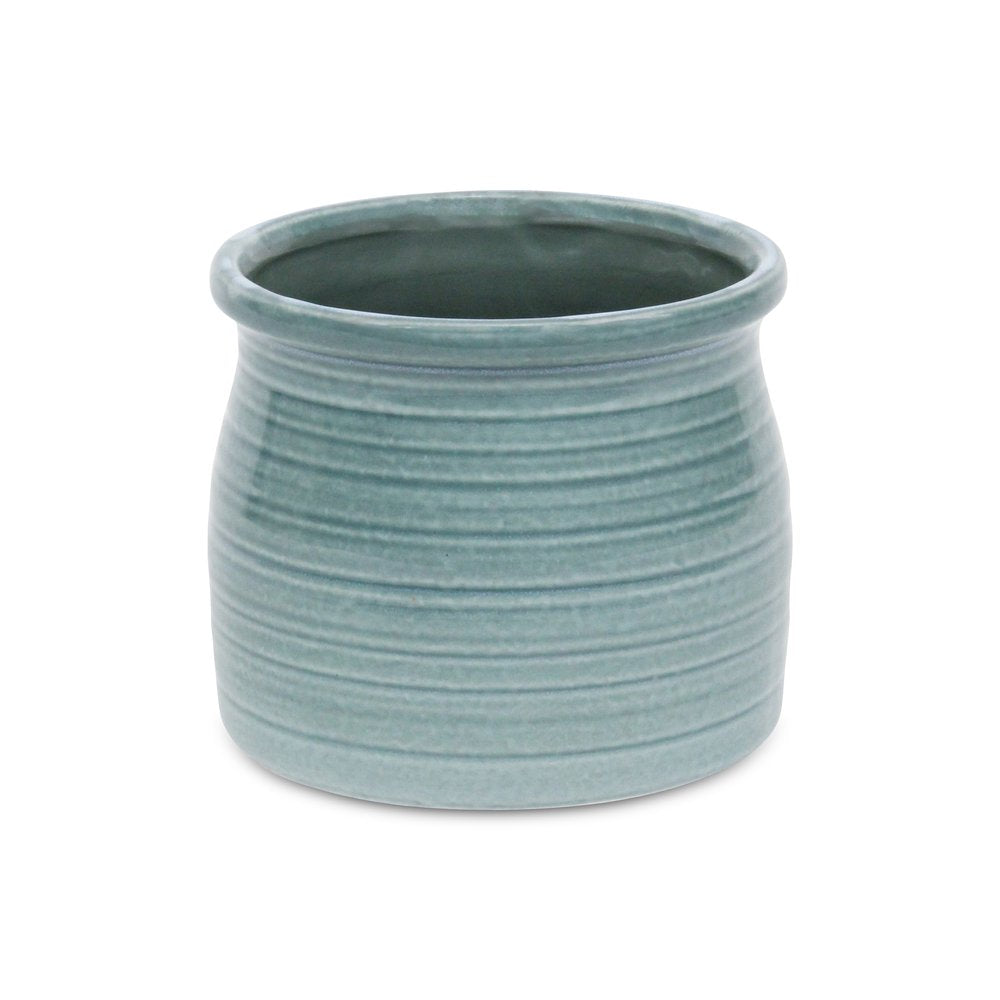 Celadon Ceramic 51 Ounce Striped Round Distressed Pot Planter HomeRoots