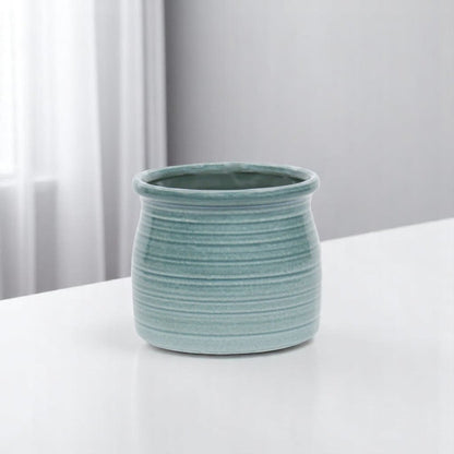 Celadon Ceramic 51 Ounce Striped Round Distressed Pot Planter HomeRoots