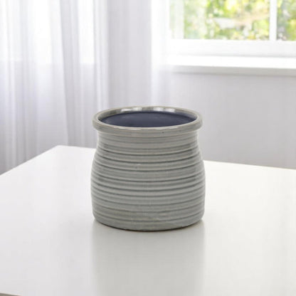 Gray Ceramic 51 Ounce Striped Round Distressed Pot Planter HomeRoots
