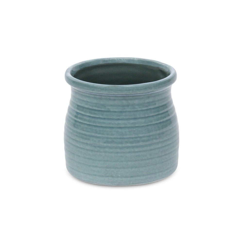 Celadon Ceramic 25 Ounce Striped Round Distressed Pot Planter HomeRoots