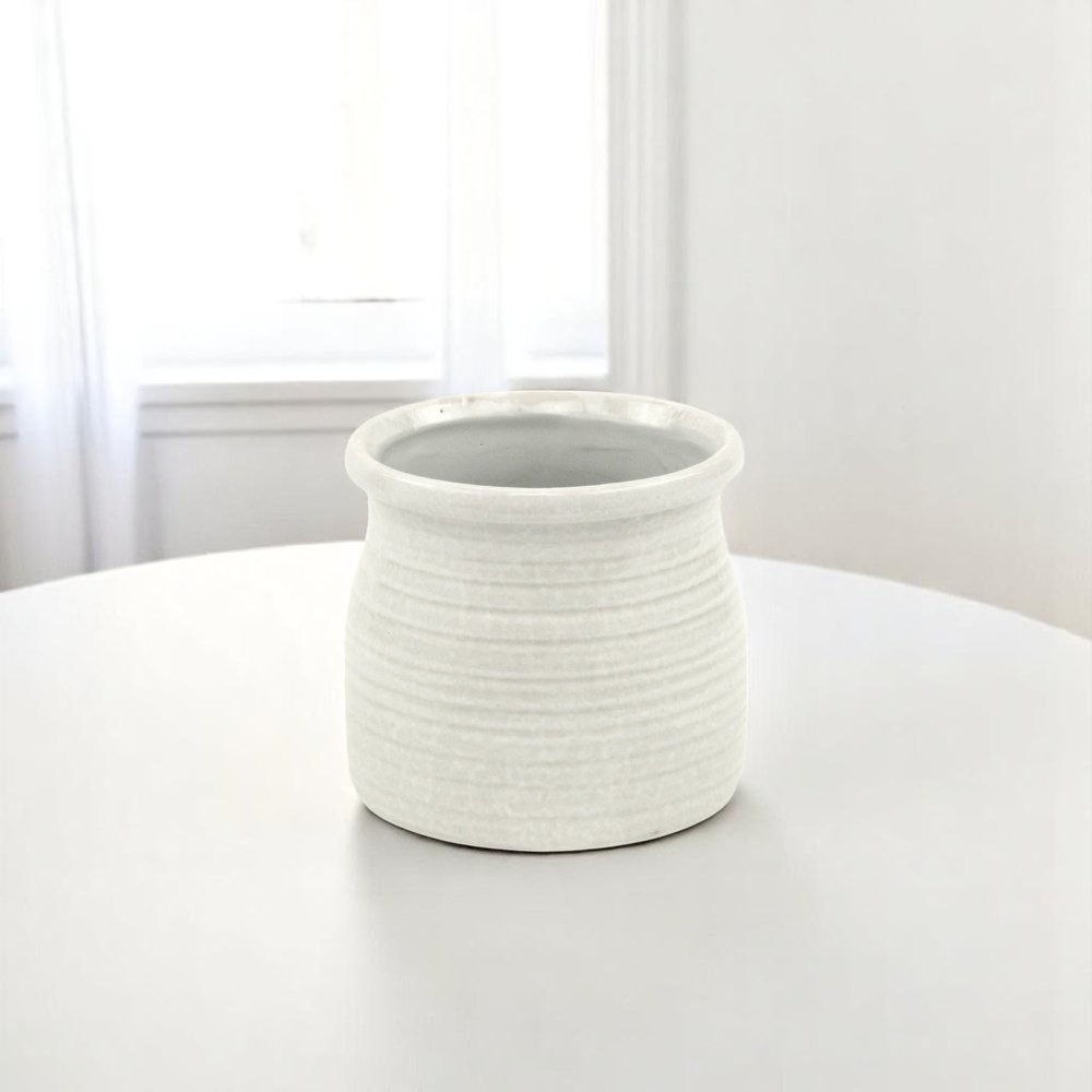 White Ceramic 25 Ounce Striped Round Distressed Pot Planter HomeRoots