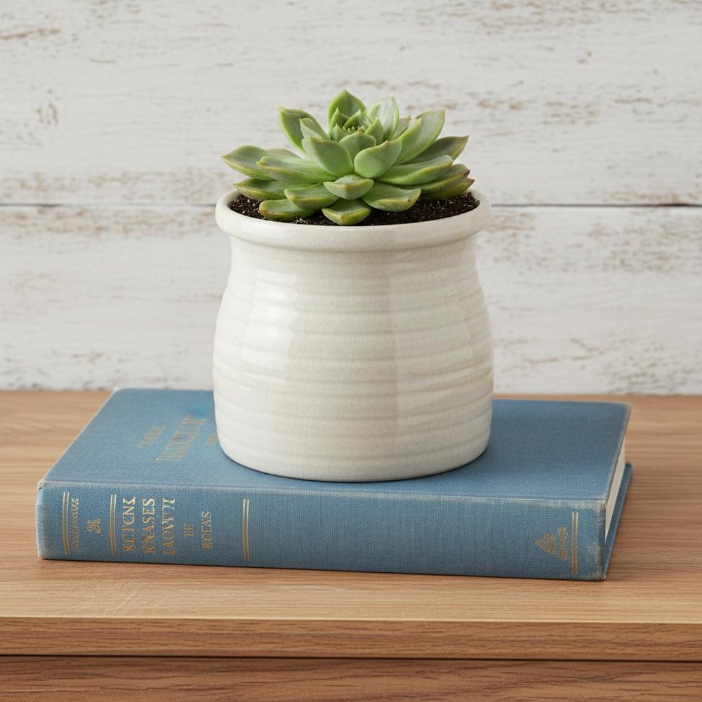 White Ceramic 25 Ounce Striped Round Distressed Pot Planter