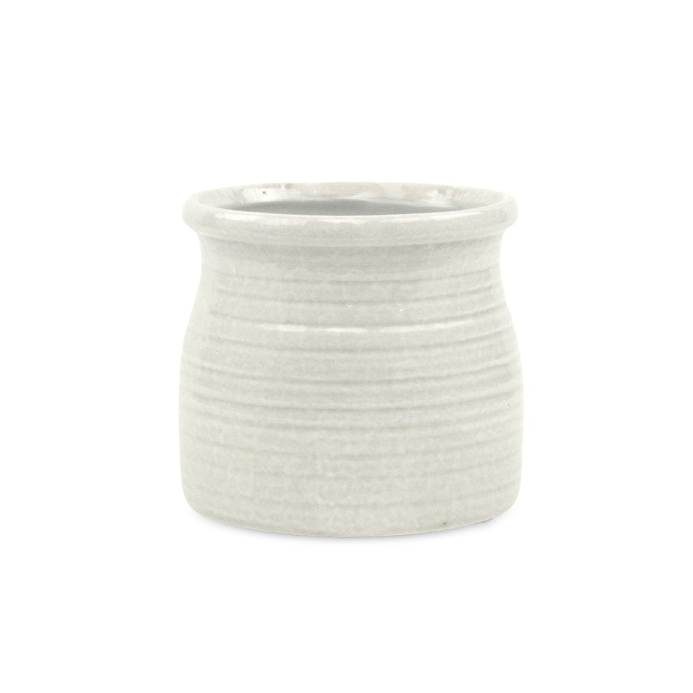 White Ceramic 25 Ounce Striped Round Distressed Pot Planter HomeRoots