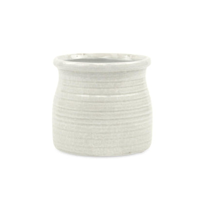 White Ceramic 25 Ounce Striped Round Distressed Pot Planter