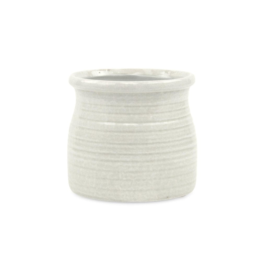 White Ceramic 25 Ounce Striped Round Distressed Pot Planter HomeRoots