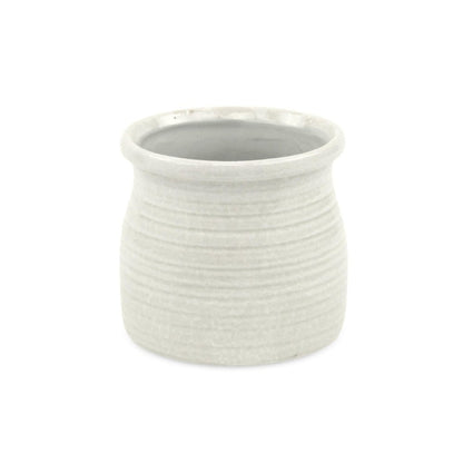 White Ceramic 25 Ounce Striped Round Distressed Pot Planter