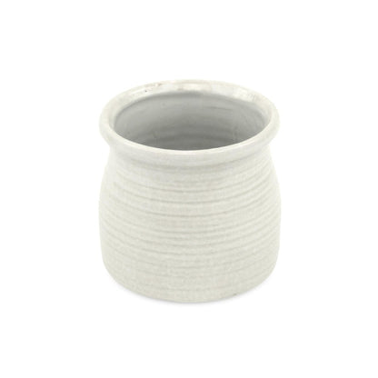 White Ceramic 25 Ounce Striped Round Distressed Pot Planter