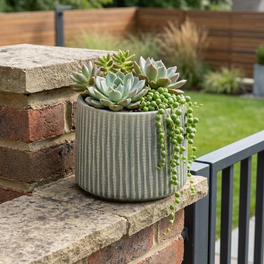 6" Green Striped Ceramic Indoor Outdoor Round Pot Planter HomeRoots