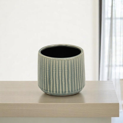 Green Ceramic 25 Ounce Striped Round Distressed Pot Planter HomeRoots