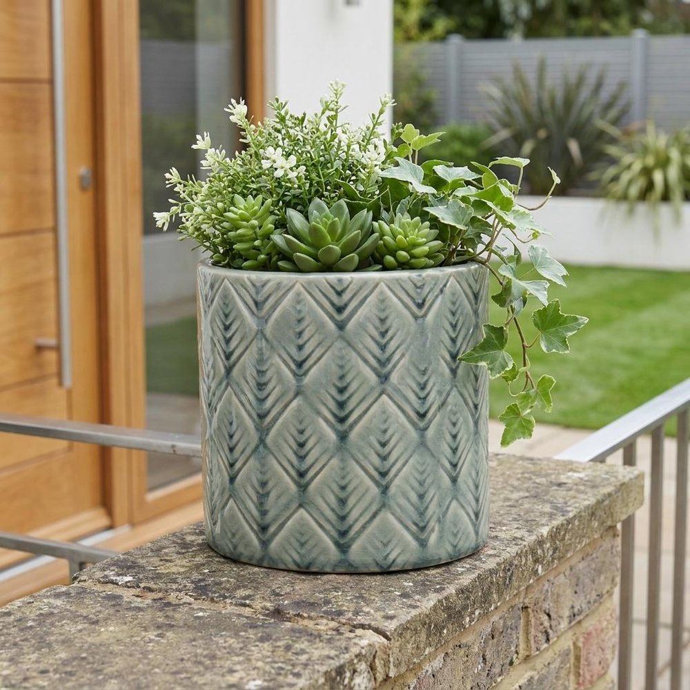 6" Green Geometric Ceramic Indoor Outdoor Round Pot Planter HomeRoots