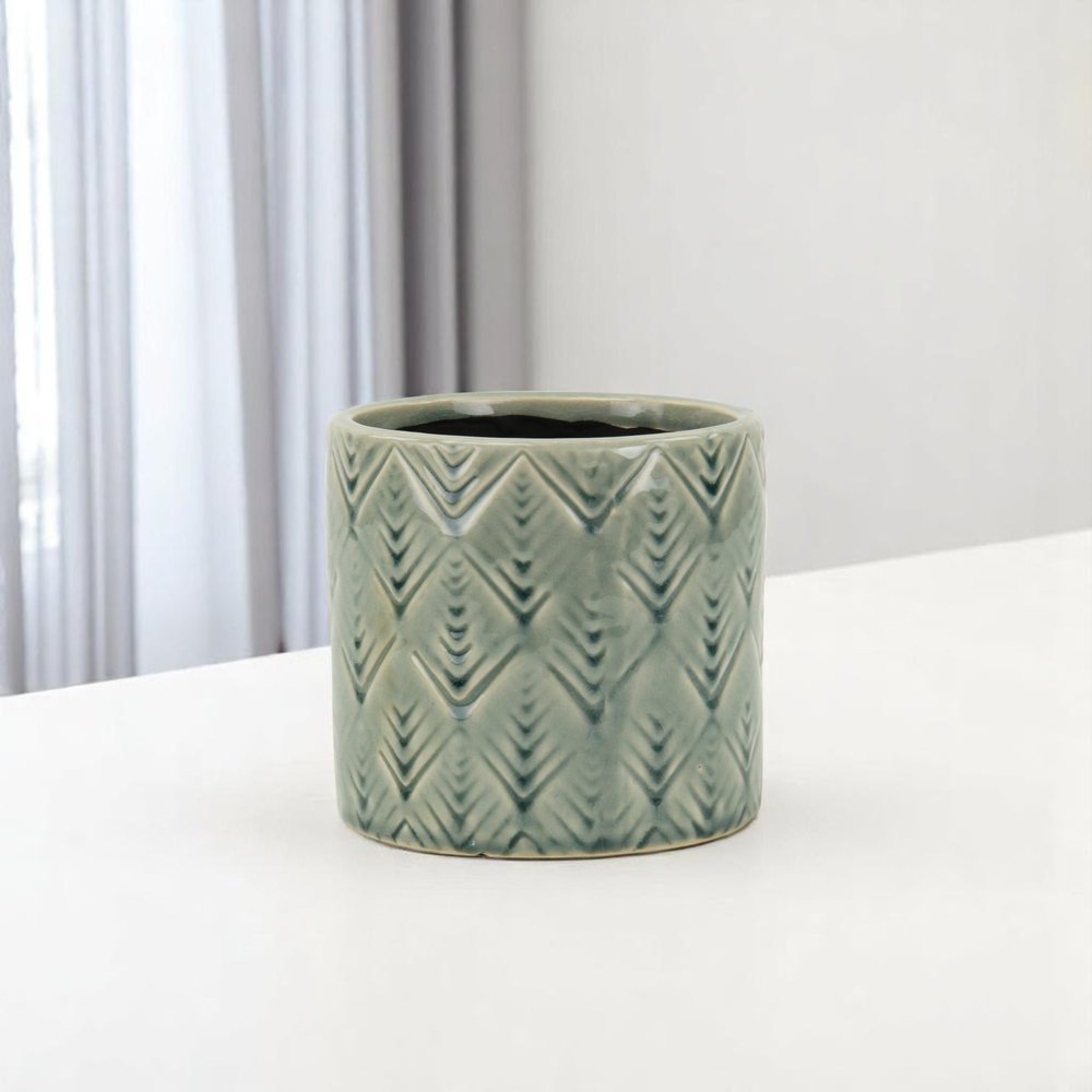 Green Ceramic 33 Ounce Geometric Round Distressed Pot Planter HomeRoots