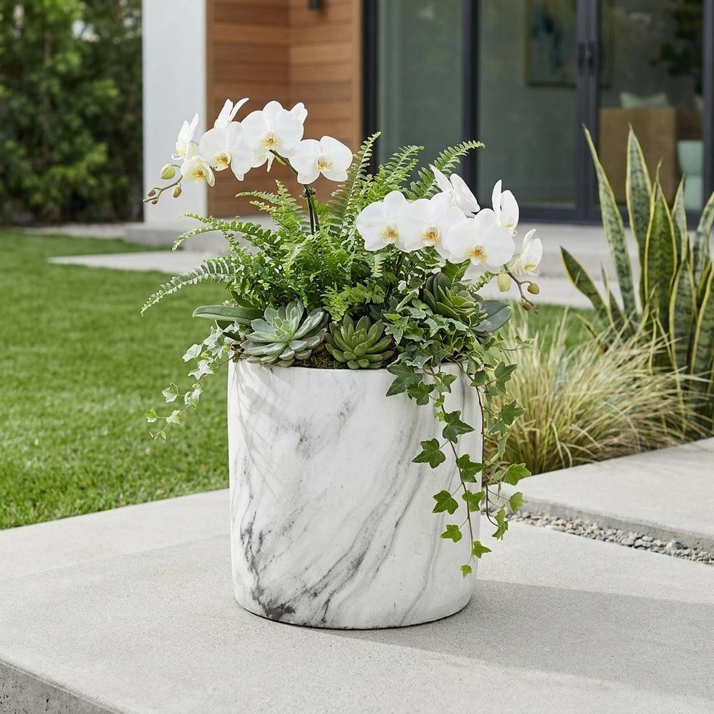 6" White and Gray Marbleized Ceramic Indoor Outdoor Round Pot Planter HomeRoots
