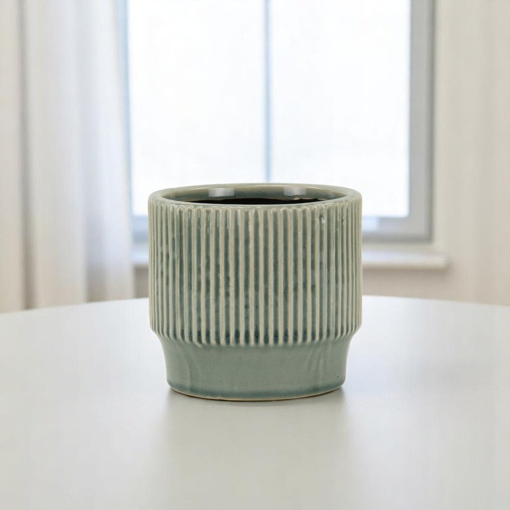 Green Ceramic 41 Ounce Striped Round Distressed Pot Planter HomeRoots