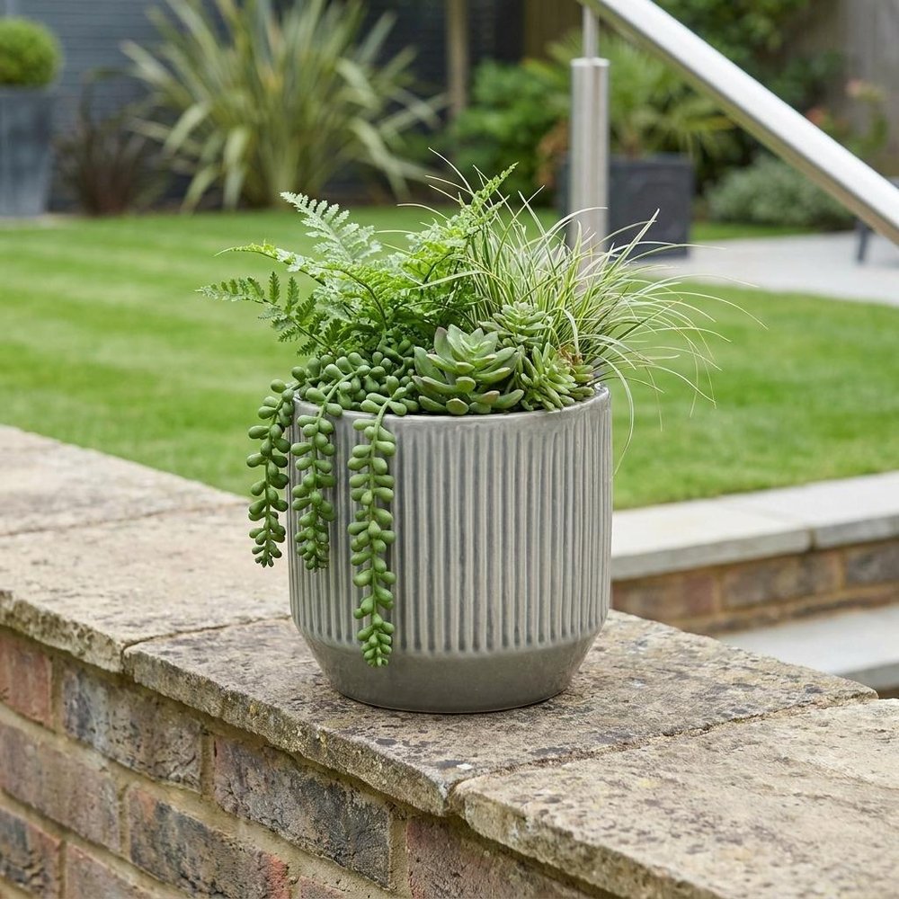 6" Gray Striped Ceramic Indoor Outdoor Round Pot Planter HomeRoots