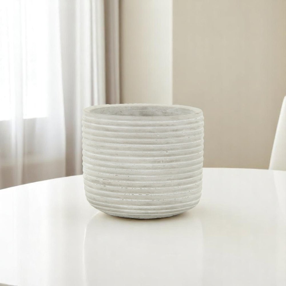 Light Gray Cement 39 Ounce Striped Round Distressed Pot Planter HomeRoots
