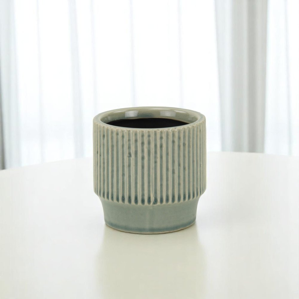 Green Ceramic 35 Ounce Striped Round Distressed Pot Planter HomeRoots