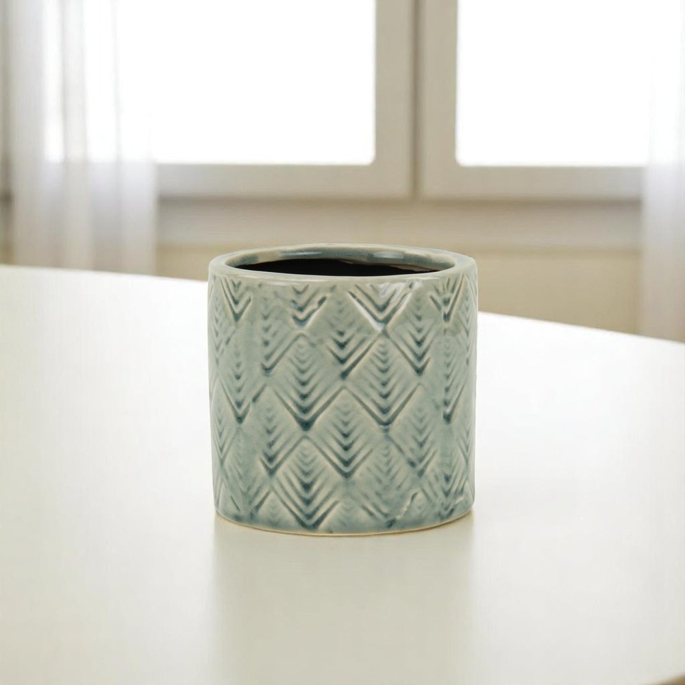 Green Ceramic 16 Ounce Geometric Round Distressed Pot Planter HomeRoots