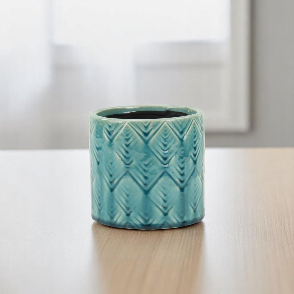 Turquoise Ceramic 22 Ounce Geometric Round Distressed Pot Planter HomeRoots