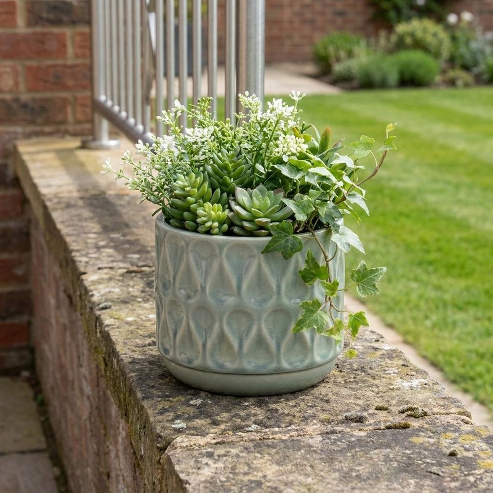 7" Green Geometric Ceramic Indoor Outdoor Round Pot Planter HomeRoots