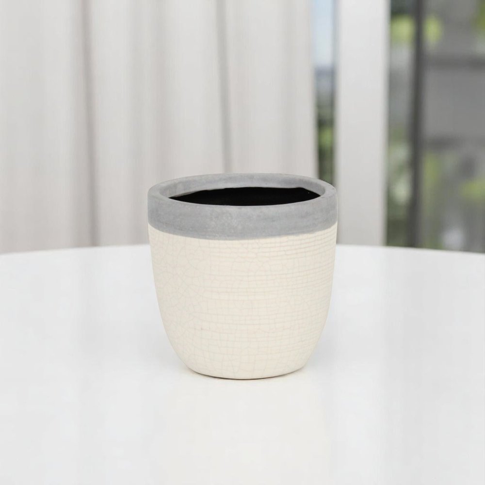 Gray And Ivory Ceramic 41 Ounce Crackle Round Distressed Pot Planter HomeRoots