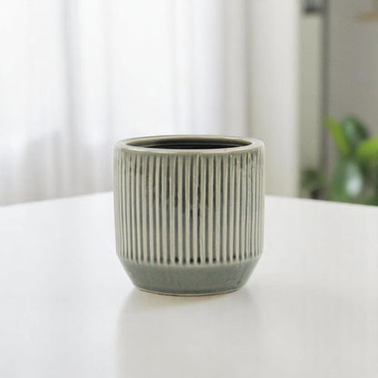 Gray Ceramic 17 Ounce Striped Round Distressed Pot Planter HomeRoots