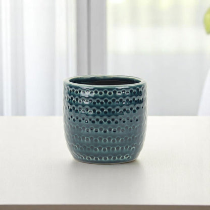 Teal Blue Ceramic 17 Ounce Dotted Round Distressed Pot Planter HomeRoots
