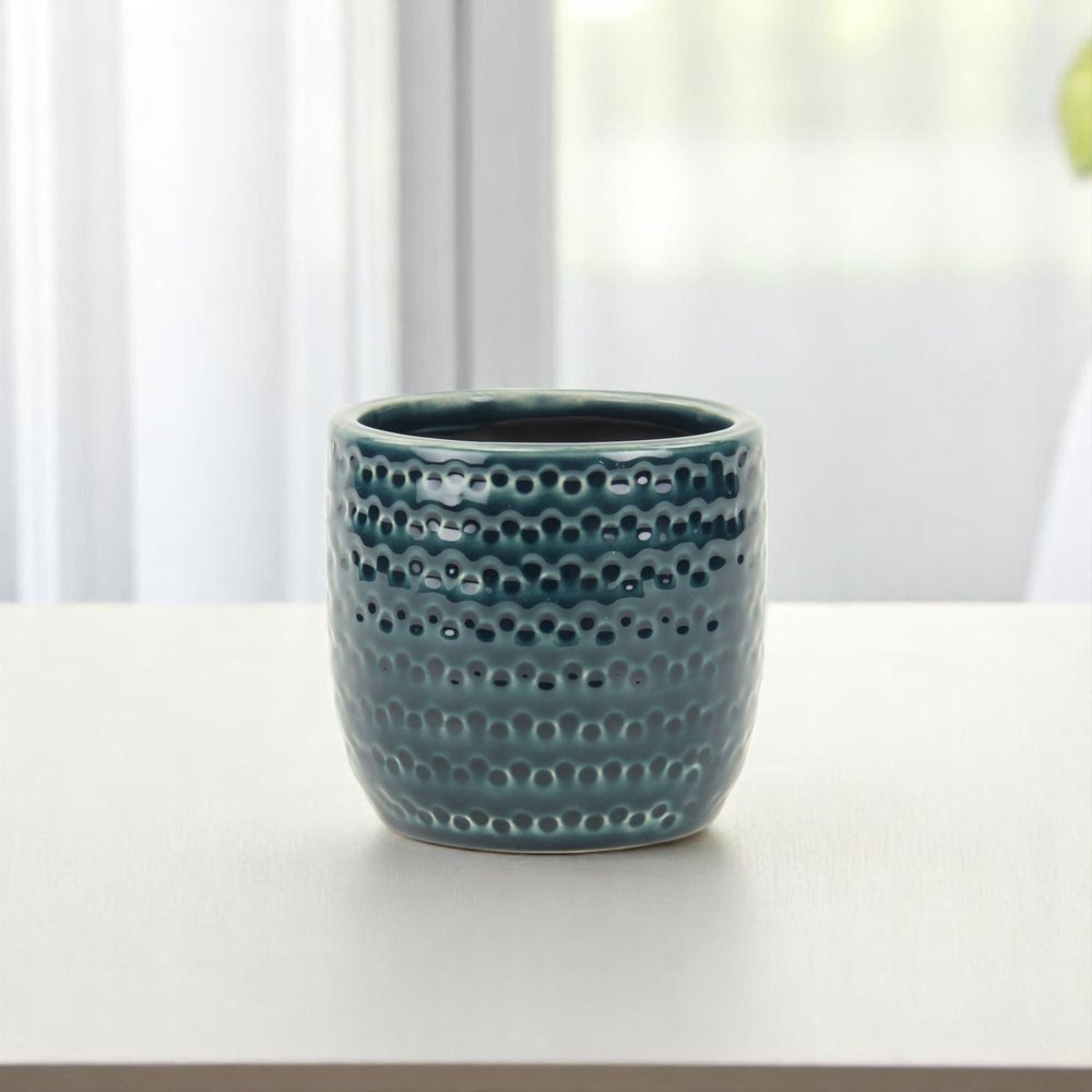 Teal Blue Ceramic 17 Ounce Dotted Round Distressed Pot Planter HomeRoots
